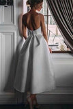 Unique Tea Length Satin Party Dress, Spaghetti Straps Backless Prom Dress