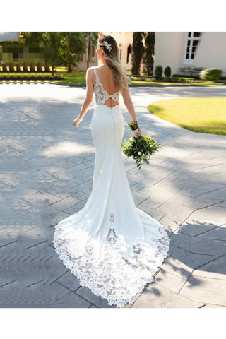 Straps Mermaid Wedding Dresses Spandex With Applique Court Train