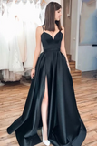 Black Spaghetti Straps Split Long Satin Prom Dress, A Line Simple Long Formal Dress