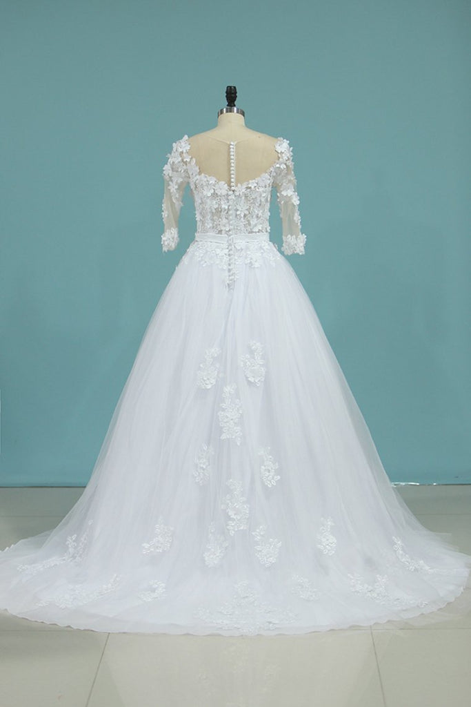 2024 Wedding Dresses V Neck Mid-Length Sleeves Tulle With Applique
