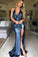Mermaid Deep V-Neck Navy Blue Sequined Prom Dress With Split