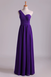 2024 Evening Dress One Shoulder Pleated Bodice Lace Back A Line Full Length Chiffon