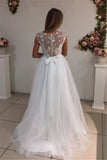 2024 Scoop A Line Wedding Dresses Tulle With Applique Sweep Train