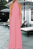 Pink A Line Floor Length Halter Sleeveless Side Slit Prom Dresses