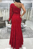 Charming Red Lace Long Sleeves One Shoulder With Split Side Prom Dresses