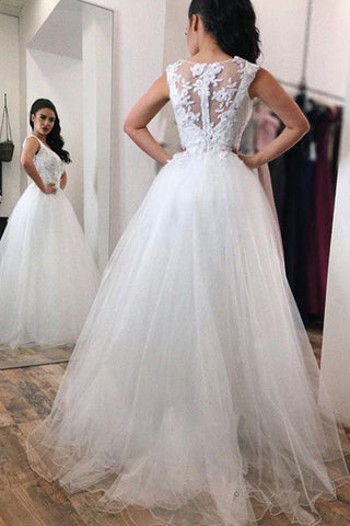 Gorgeous A Line V Neck With Lace Appliques Long Tulle Ball Gown Wedding Dresses