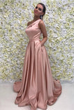 Pink A Line Brush Train One Shoulder Sleeveless Prom Dresses