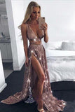 2024 Charming Sexy Sequin Sparkly Simple Rose Gold and Black Split Fashion Prom Dresses