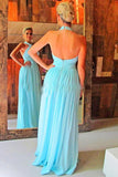 Blue A Line Floor Length Halter Backless Chiffon Bridesmaid Dresses