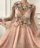 Charming A Line Long Sleeve Long Party Dresses Flowers Tulle Beads Formal Dresses SRS15090