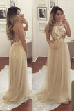 2024 A Line Prom Dresses Open Back Spaghetti Straps Beaded Bodice Tulle
