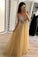 2022 Champagne Tulle Beading A-Line V-Neck  Prom Dresses WIth Sweep Train