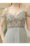 Spaghetti Straps Floor Length Tulle Prom Gowns, A Line Long Party Dress Beads