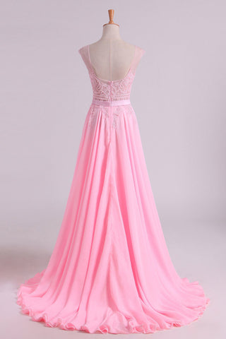 2024 Sexy Prom/Wedding Dresses With High Slit A-Line Scoop Chiffon With Embroidery & Beading