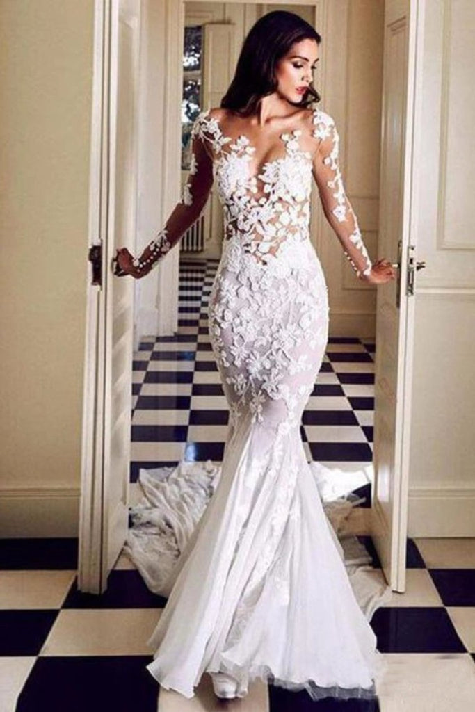 Long Sleeve See Through Mermaid Tulle Wedding Dresses Appliques, Bridal Dresses