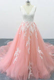 A-Line V Neck Tulle Lace Appliques Cathedral Train Formal Prom Dress