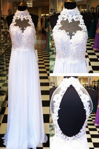 High Neck Prom Dresses A Line Chiffon With Applique And Beads Floor Length