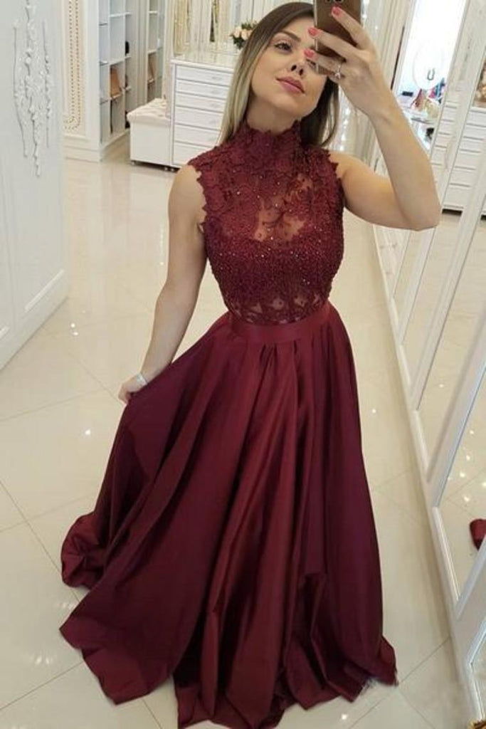 2022 High Neck Prom Dresses A Line Satin Appliques With Beads Sweep Train