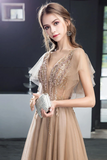 A Line V Neck Short Sleeves Long Tulle Prom Dress, Evening Dresses With Beading