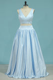 2024 V Neck Two-Piece Prom Dresses A Line Satin With Beads Floor Length