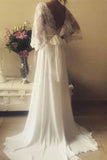 2024 Chiffon 3/4 Length Sleeves Wedding Dresses V Neck Open Back With Applique