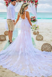 Mermaid Spaghetti Strap Wedding Dress With Chapel Train Tulle Appliques