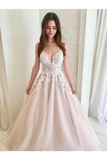 A Line V Neck Champagne Tulle Prom Dresses Wedding Dress Formal Dresses