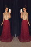 2024 Bicolor Scoop Neck Lace A-Line Prom Dresses With Sweep Train