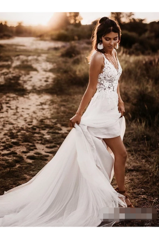 Gorgeous Unlined Lace Bodice V Neck Bridal Dresses White Backless A Line Wedding Dresses