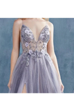 See Through Jeweled Glitter A-Line Prom Dress With High Slit Deep V Neck Long Formal Dress