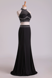 2024 Black Halter Two-Piece Beaded Bodice Mermaid Open Back Prom Dresses Spandex & Tulle Floor Length