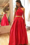 2024 Prom Dresses Straps Two-Piece Satin & Lace With Beads A Line