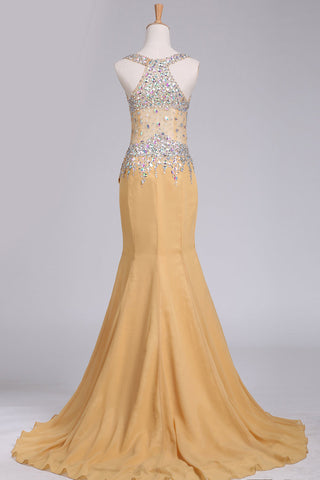2024 New Arrival Chiffon Prom Dresses Straps With Beading Sweep Train Mermaid