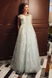 A-Line Stardust Cap Sleeves Long Prom Dresses Tulle Evening Dress
