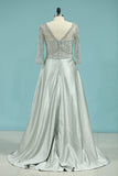 2024 Evening Dresses A Line V Neck 3/4 Length Sleeves With Beading Satin