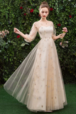 Floor Length Long Sleeve Tulle Evening Dress With Appliques, Prom