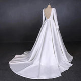 Ball Gown Long Sleeve White Satin Wedding Dresses, Long Simple Wedding Gowns SRS15060
