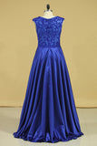 2024 Plus Size A Line Prom Dresses Scoop Dark Royal Blue Satin Cap Sleeves Floor-Length