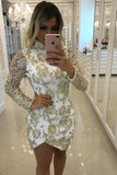 2024 High Neck Sheath Homecoming Dresses Long Sleeves Lace With Beading Short/Mini