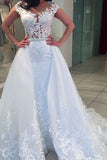 2024 Scoop Neck Wedding Dresses Sheath With Appliques Tulle Detachable Skirt
