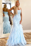 Mermaid Lace Appliques Prom Dress With Ruffles, Strapless Long Evening Dress