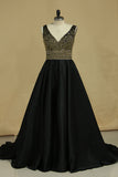 2024 New Arrival A Line V Neck Prom Dresses Satin With Beads&Rhinestones