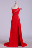 2024 Prom Dresses Sheath Split Front Floor Length One Shoulder Color Red