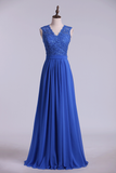 2024 V Neck Cap Sleeves Prom Dresses Chiffon Floor Length With Applique & Sash Backless