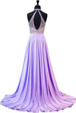 2024 Sexy Open Back Halter Prom Dresses With Beading Chiffon Sweep Train