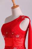 2024 Red One Shoulder A Line Prom Dresses With Applique & Ruffles Floor Length