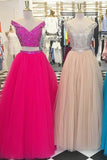 2024 Off The Shoulder Two-Piece Prom Dresses A Line Tulle Beaded Bodice