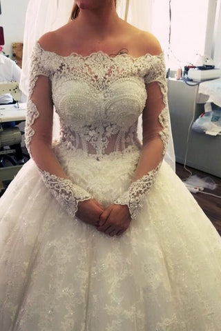 2024 Ball Gown Boat Neck Tulle With Applique And Beads Long Sleeves Wedding Dresses