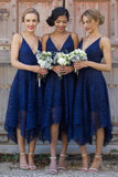 Dark Navy Spaghetti Straps Short Lace Bridesmaid Dresses