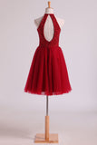 2024 Halter Homecoming Dresses A-Line Tulle Short/Mini Beaded Bodice Burgundy/Maroon